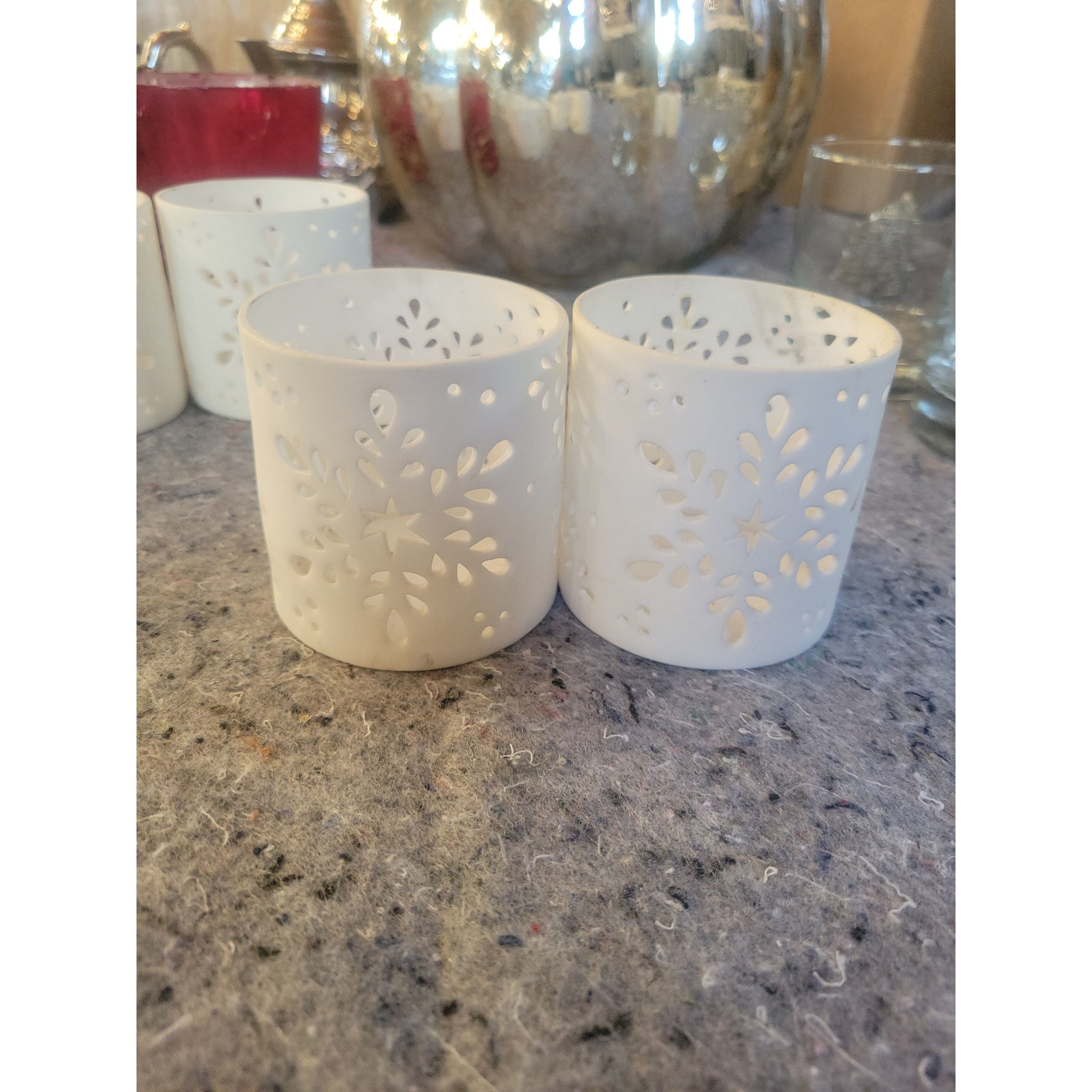 Pair of White Snowflake Votive Candle Holders