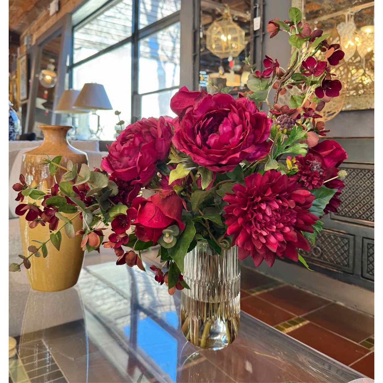 F23-BUPNYDHAL.GLS Burgundy Peonies and Dahlias in Glass Vase