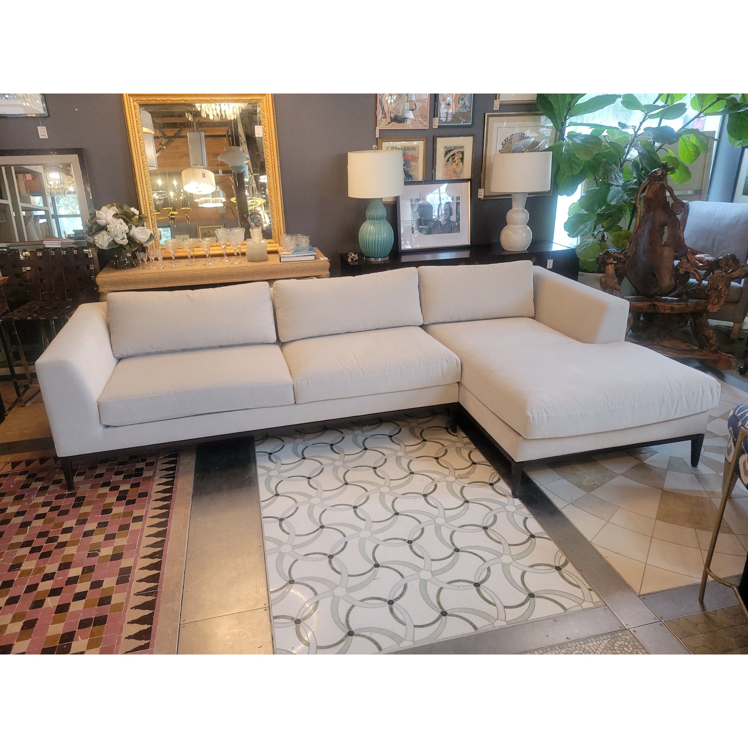 Italia Taper Arm Perf. Velvet Chaise Sofa on Burnished Bronze Base by RH
