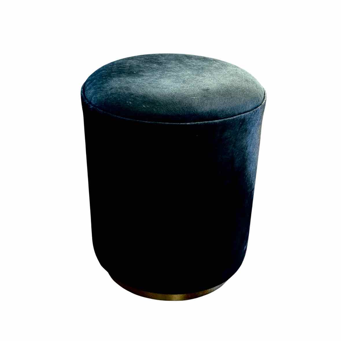 Chubby Ottoman Stool in Black Faux Cowhide w/ Shiny Brass Base