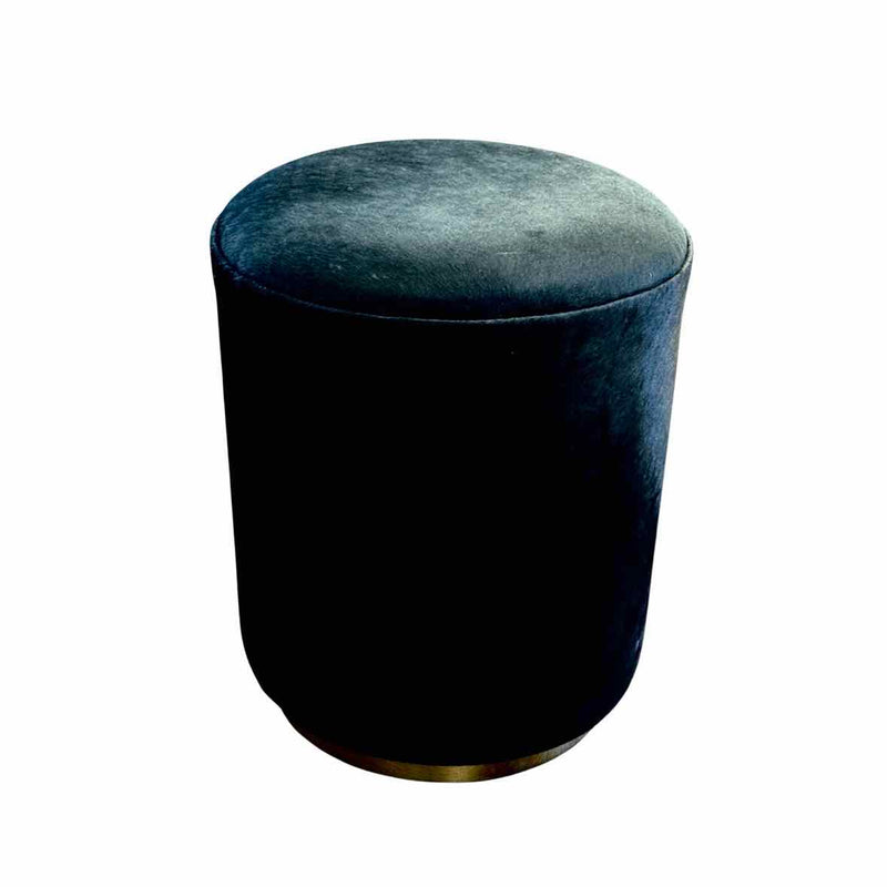 Chubby Ottoman Stool in Black Faux Cowhide w/ Shiny Brass Base