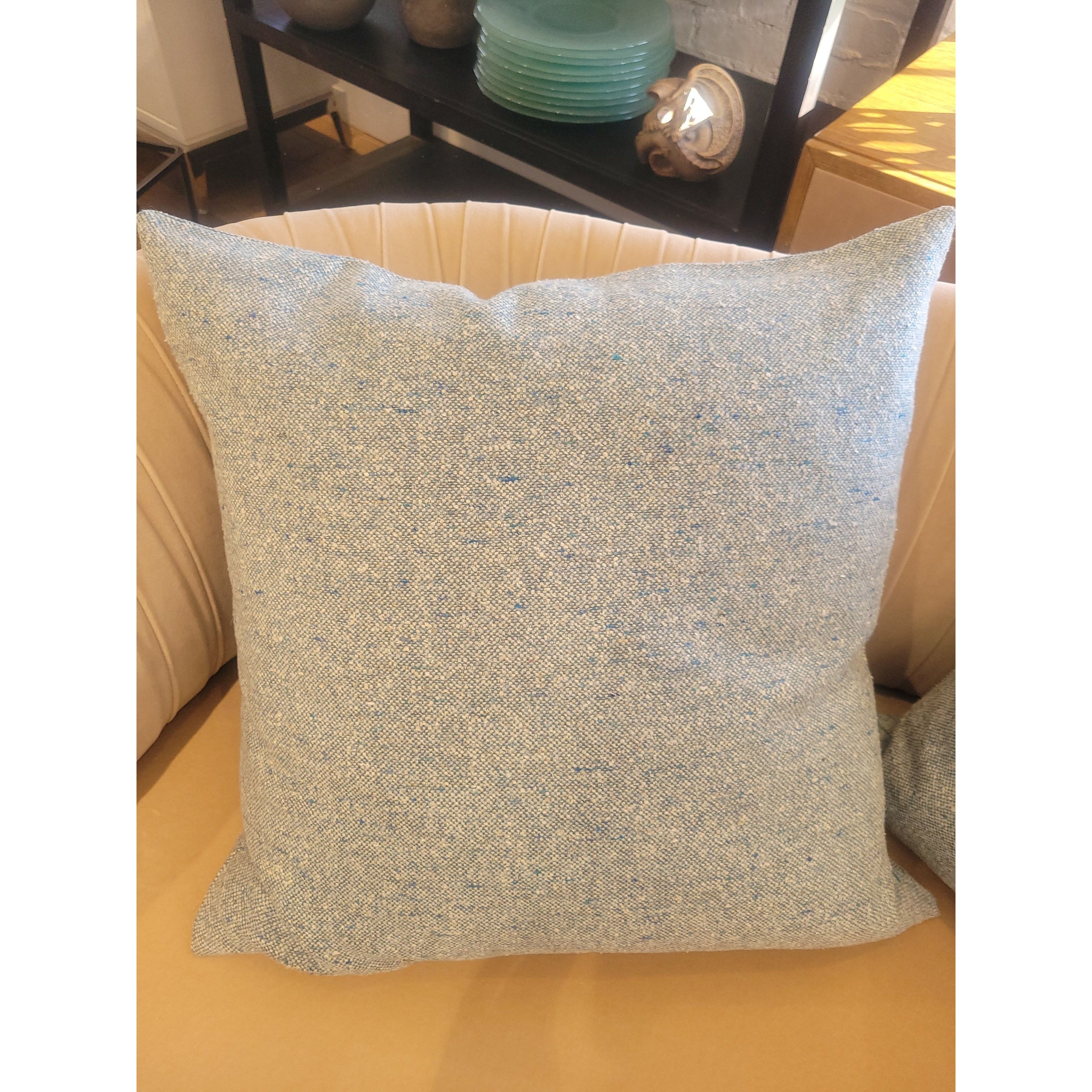PAIR of Custom Light Blue Wool & Cotton Square Pillows