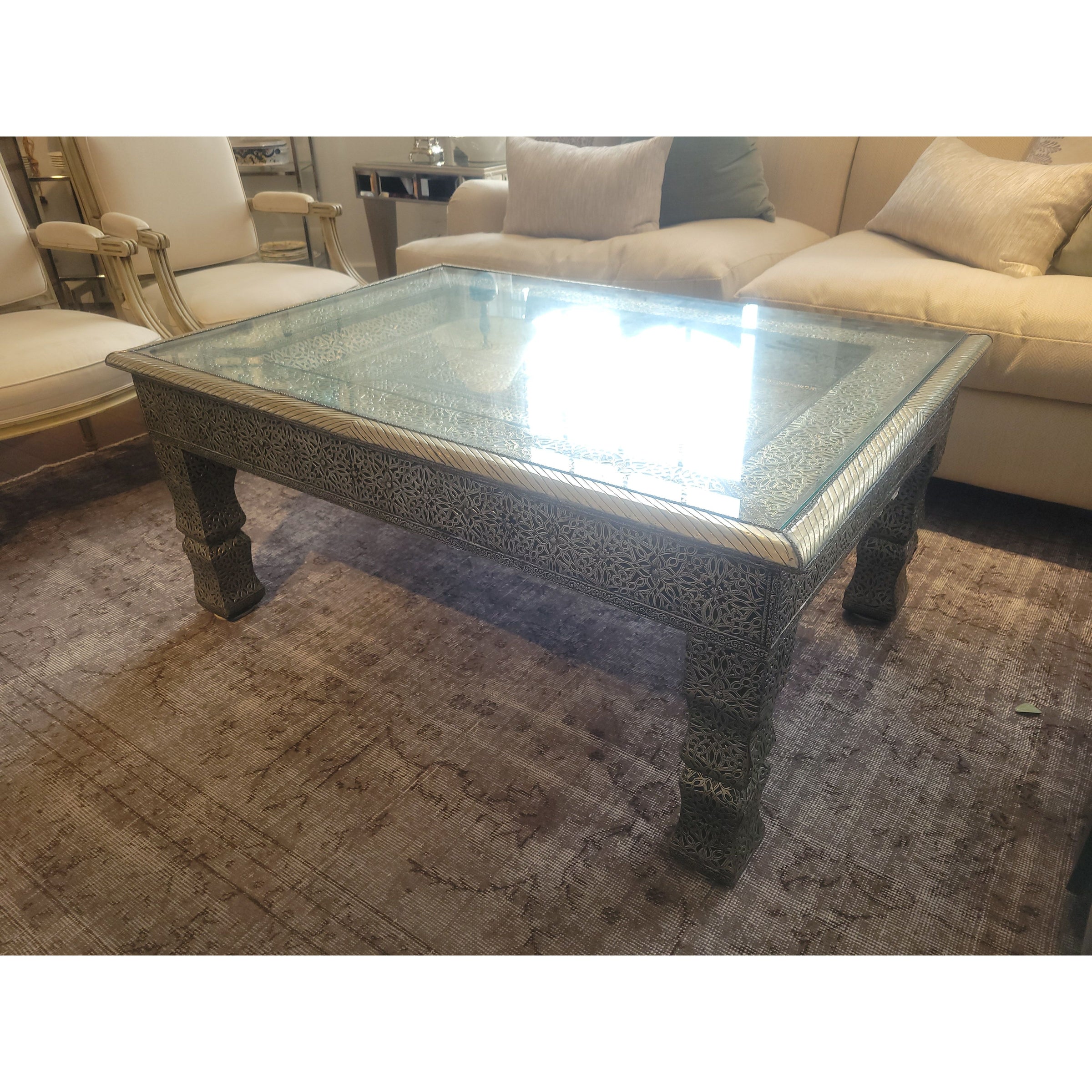 Moroccan Marrakesh Metal Wrapped Coffee Table w/ Glass Top (AS IS)