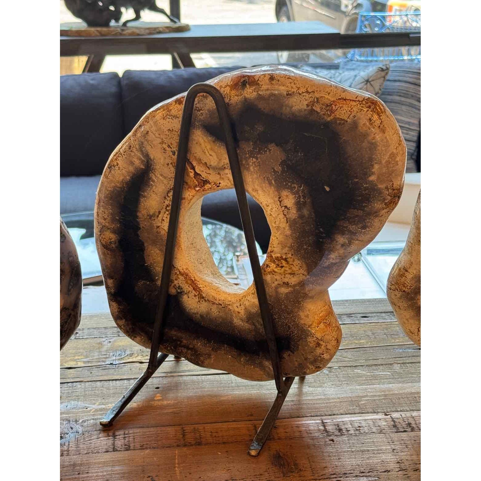 Petrified Wood Ring Sculpture on Iron Stand