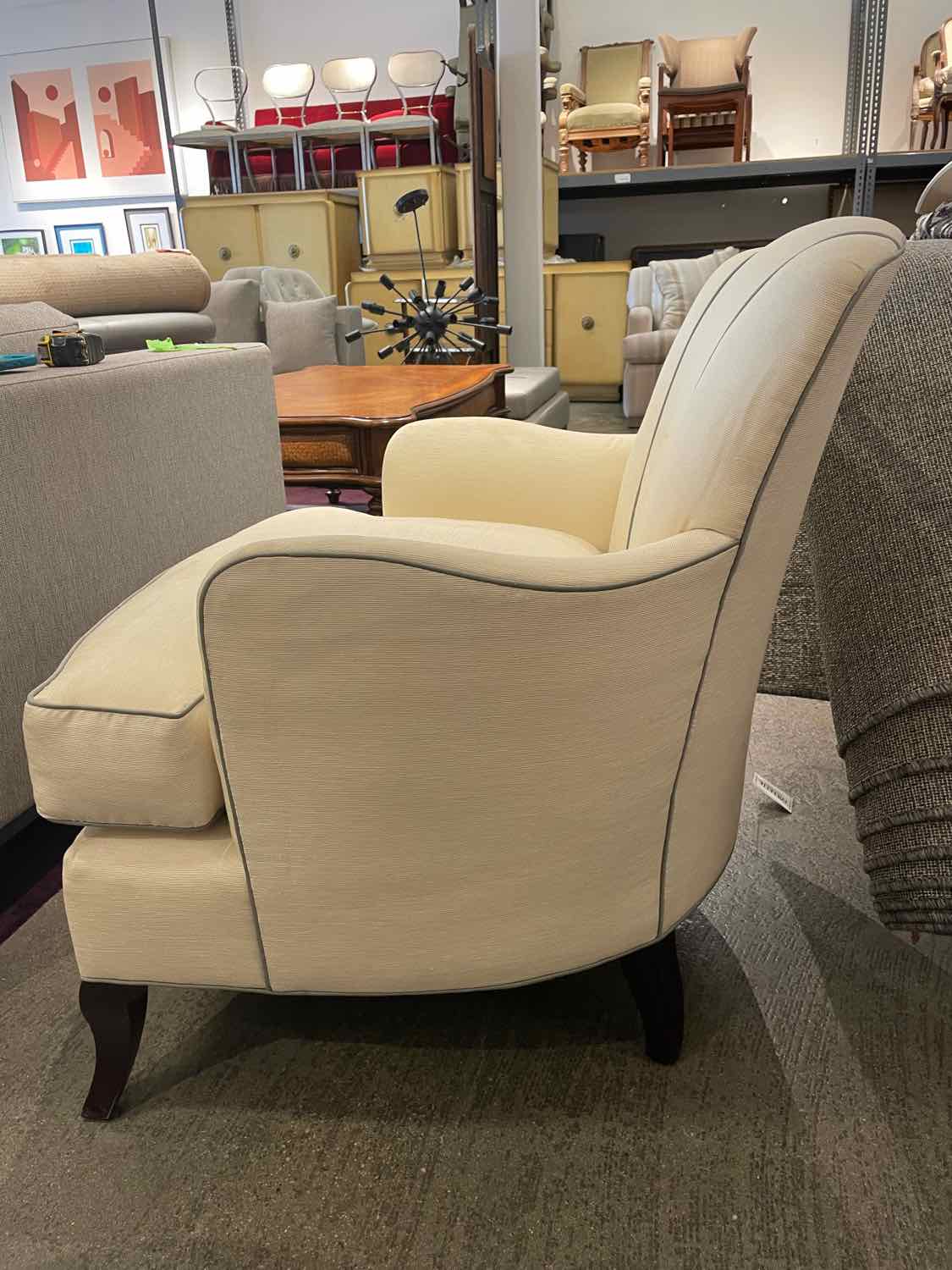 Beige Upholstered Scallop Chair w/ Gray Piping by Barbara Barry for Baker