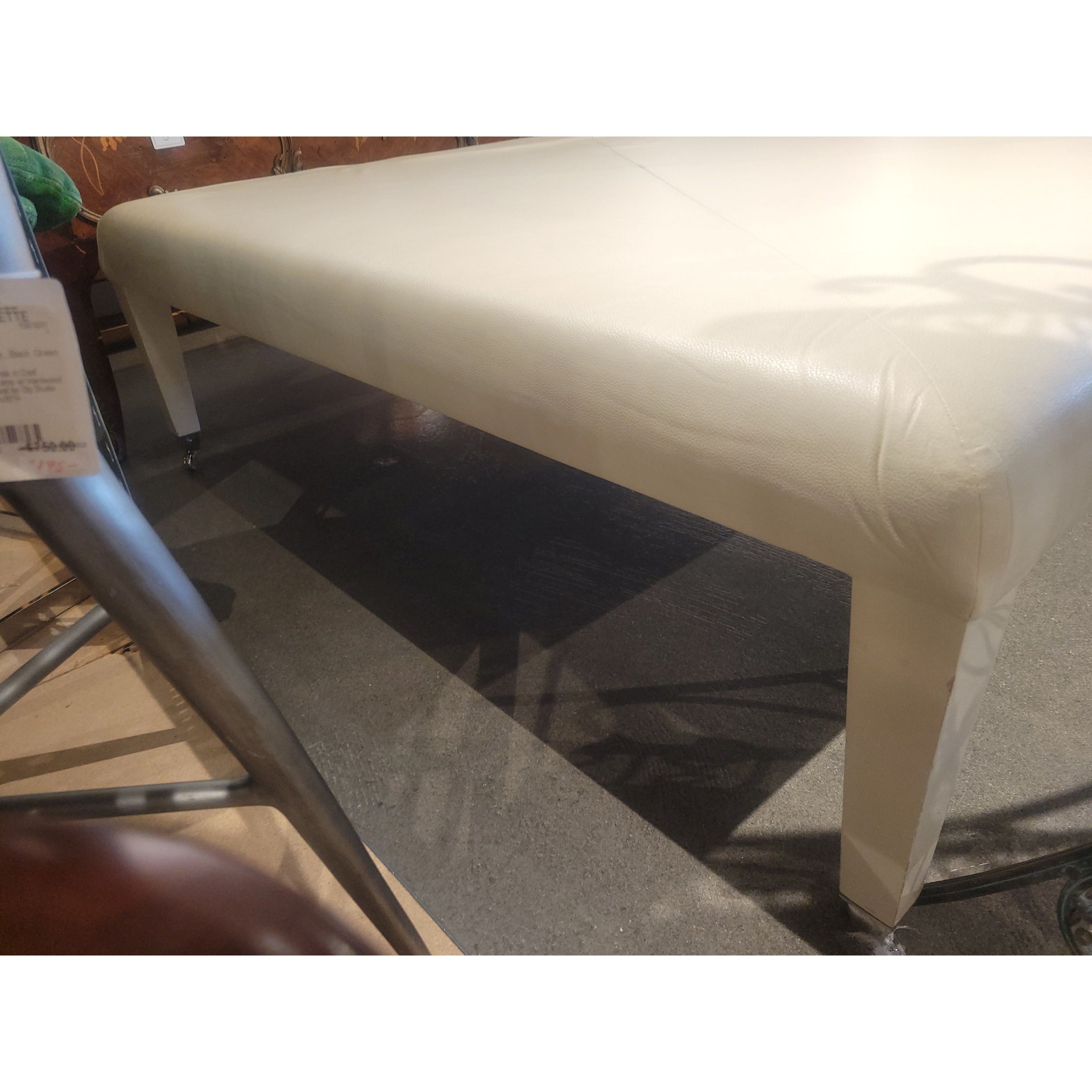 Rectangular White Leather Ottoman w/ Chrome Legs & Casters (AS IS)