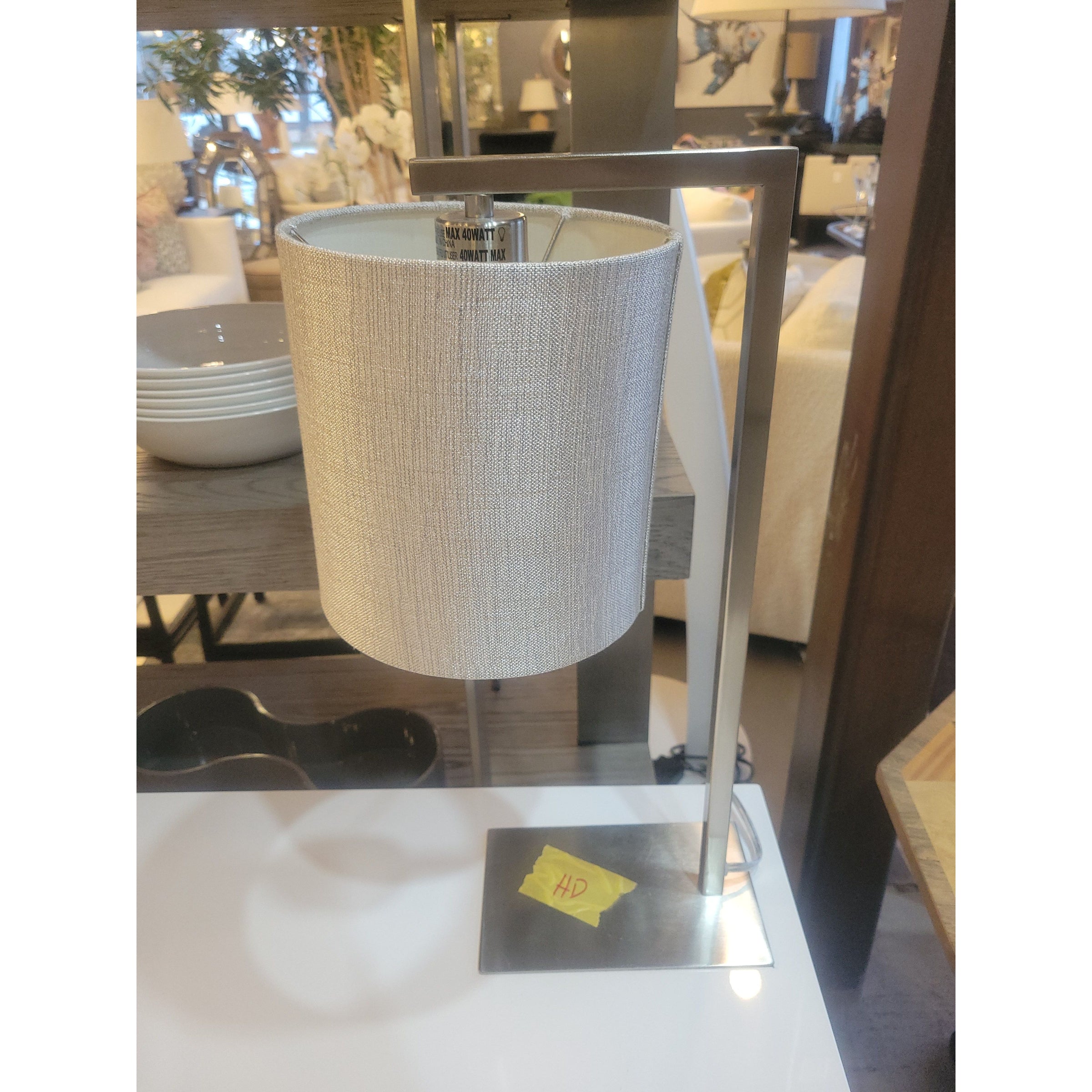 Brushed Chrome Table Lamp w/ Beige Shade - colletteconsignment.com