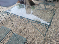 SET of 5-ft Green Iron Glass Top Dining Table, 4 Side Chairs, 2 Arm Chairs