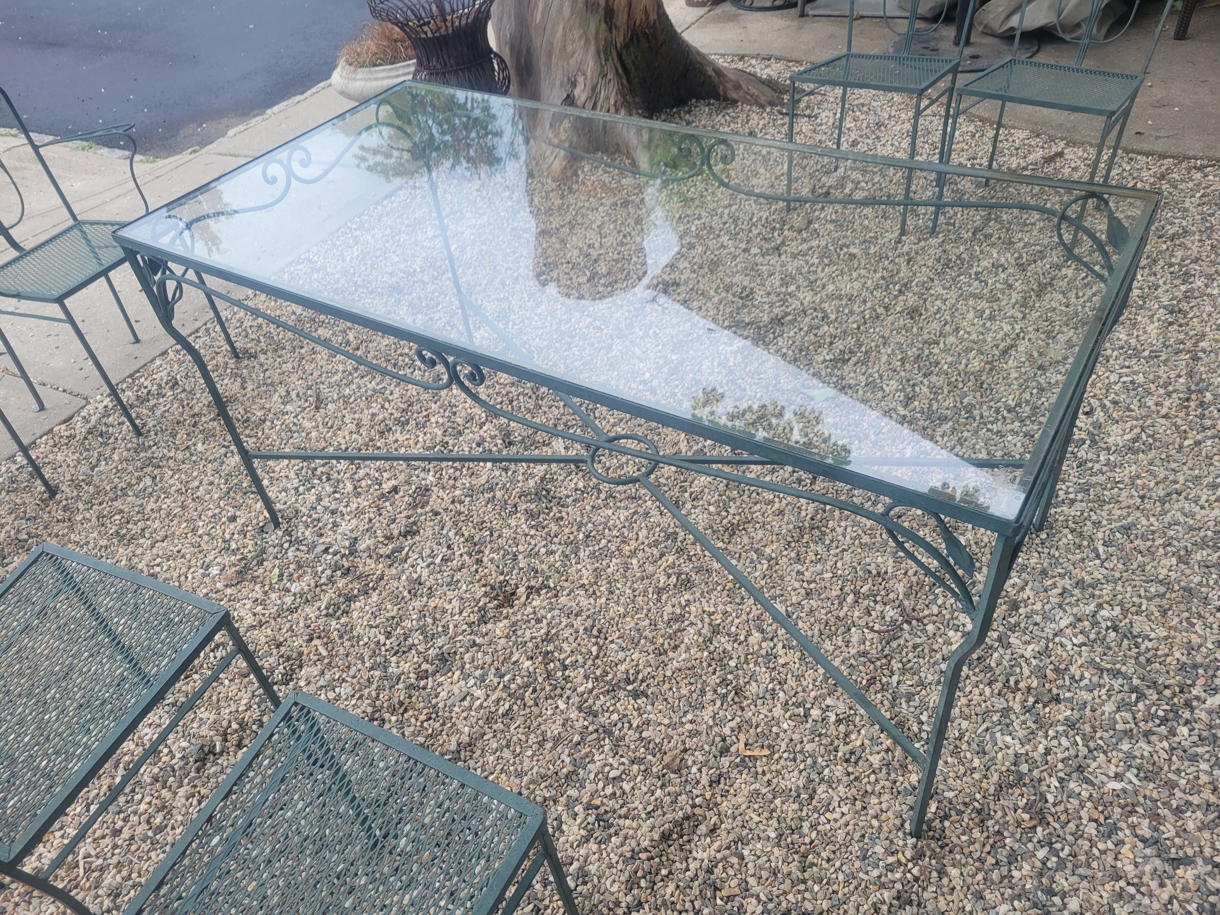 SET of 5-ft Green Iron Glass Top Dining Table, 4 Side Chairs, 2 Arm Chairs