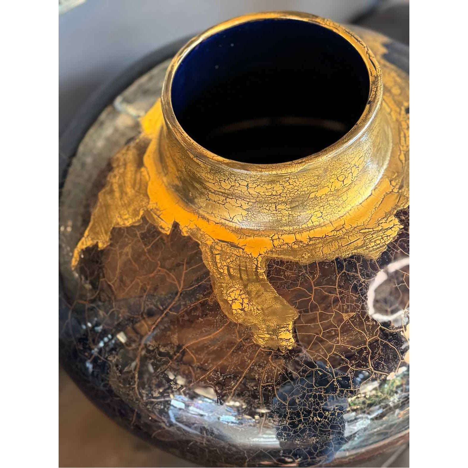 Rare Vintage Brown & Gold Leaf Glass Vase