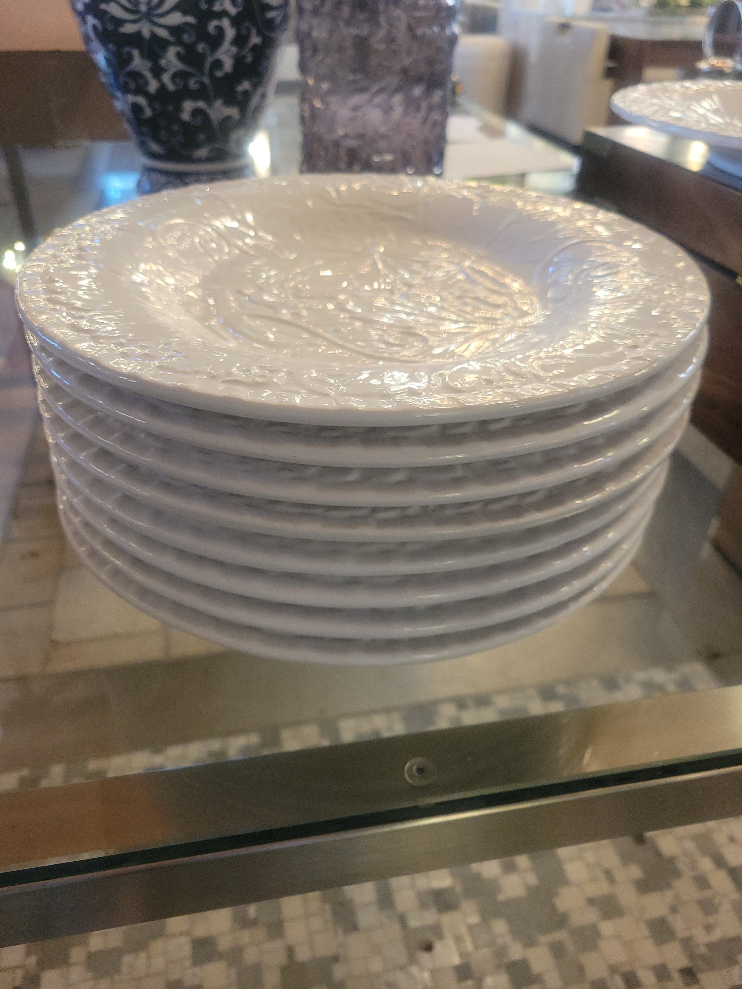 SET of 8 White Ceramic Embossed Vine Dinner Plates by Bordallo Pinheiro