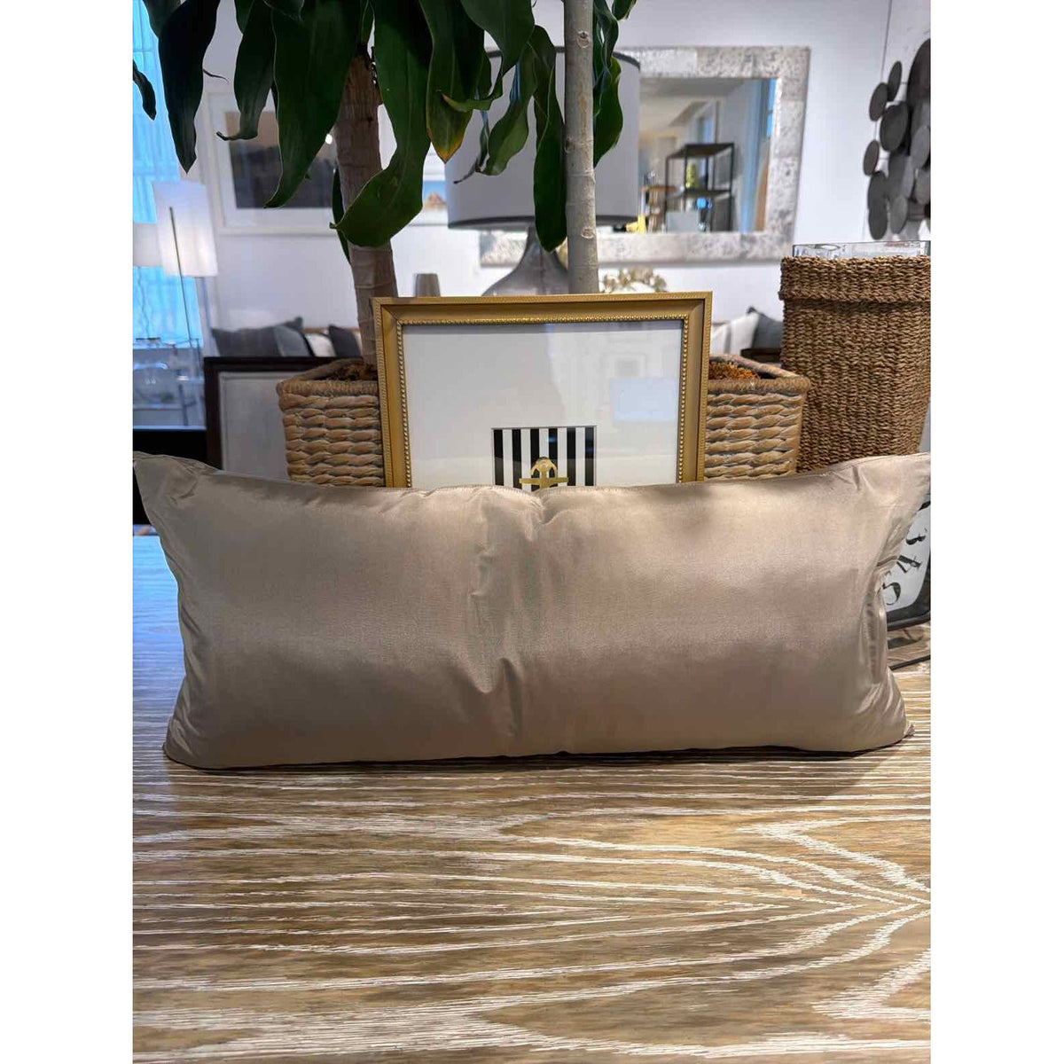 Grey Silk Lumbar Pillow 25"L x 5"D x 11"H - colletteconsignment.com
