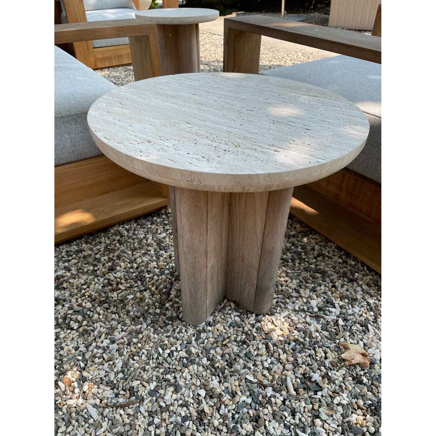 Victoria Teak Side Table w/ Round Travertine Top by Harbour (AS IS)