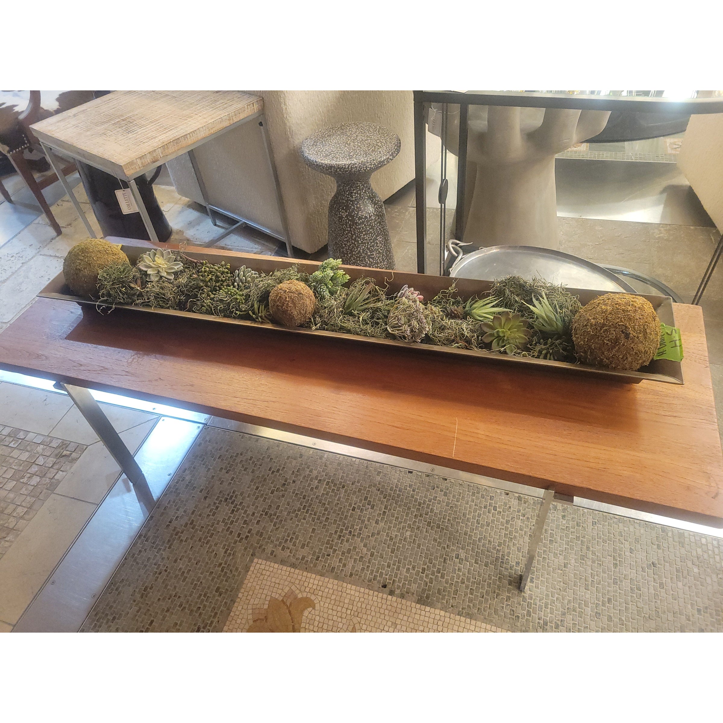 Long Brass Finished Steel Planter w/ Faux Succulents by RH - colletteconsignment.com