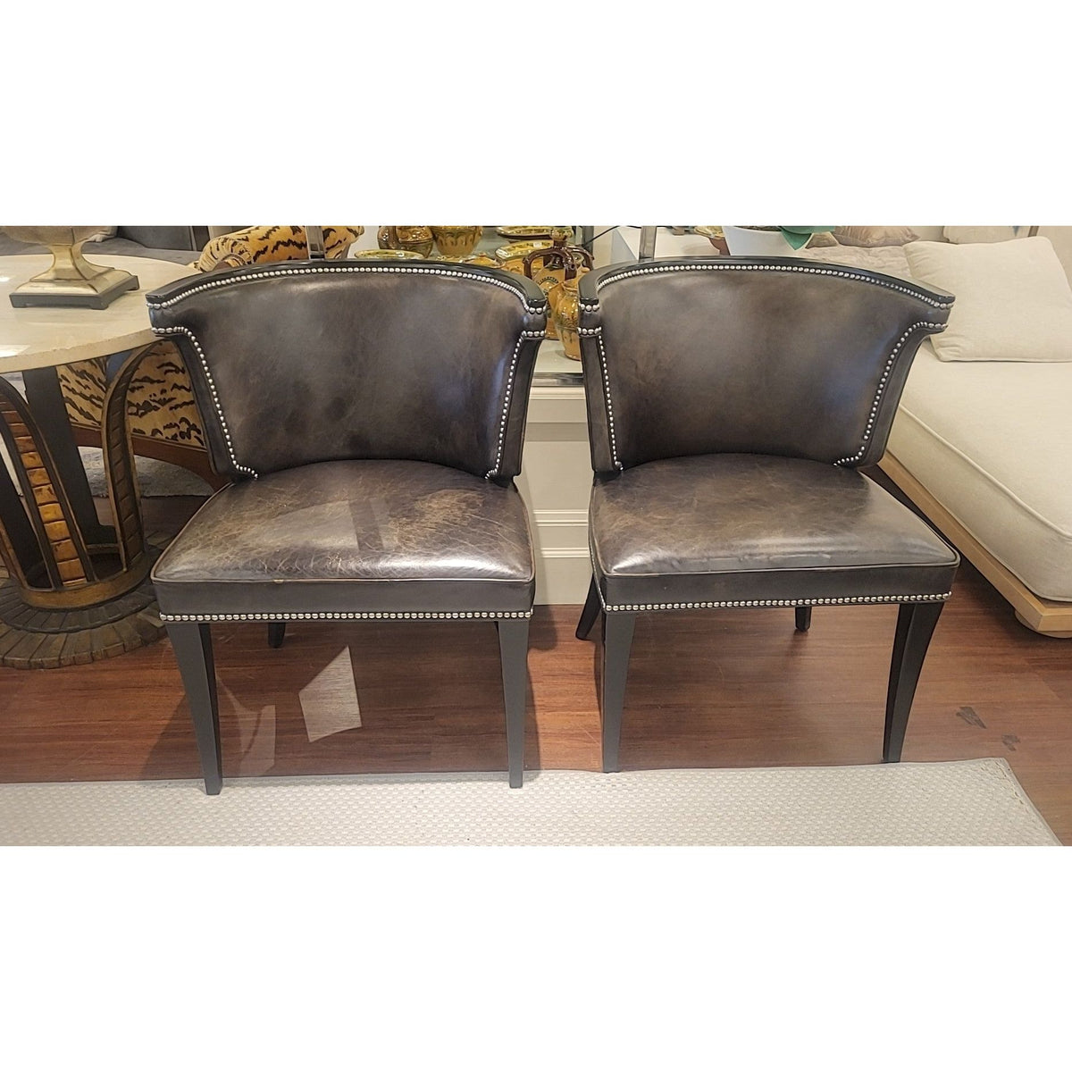 PAIR of 'Bertram' Black Leather Nailhead Chairs by Theodore Alexander