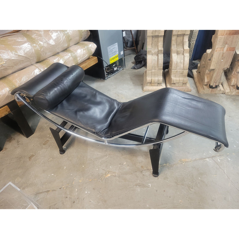 Black Leather & Chrome Cassina LC4 Chaise Lounge w/ Base