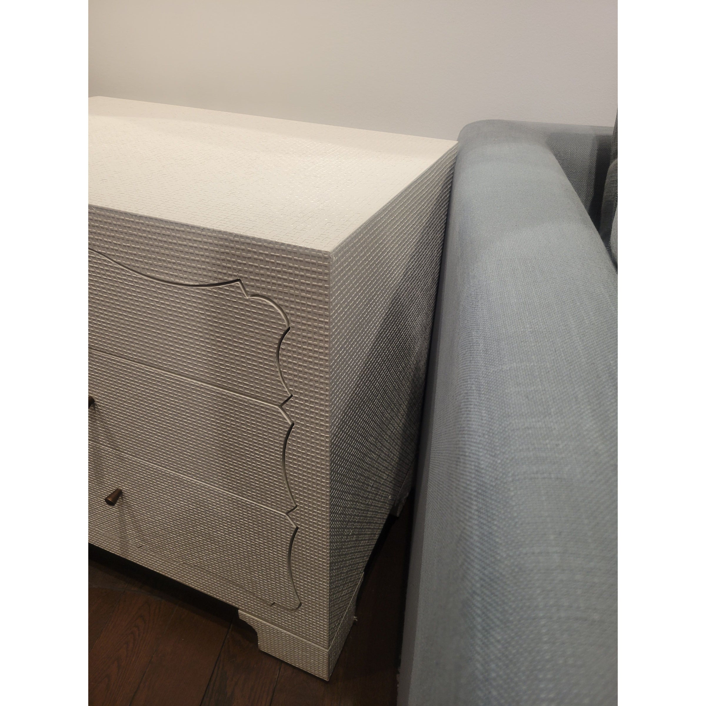 India White Faux Linen / Grasscloth 3-Drawer Nightstand by Dear Keaton - colletteconsignment.com