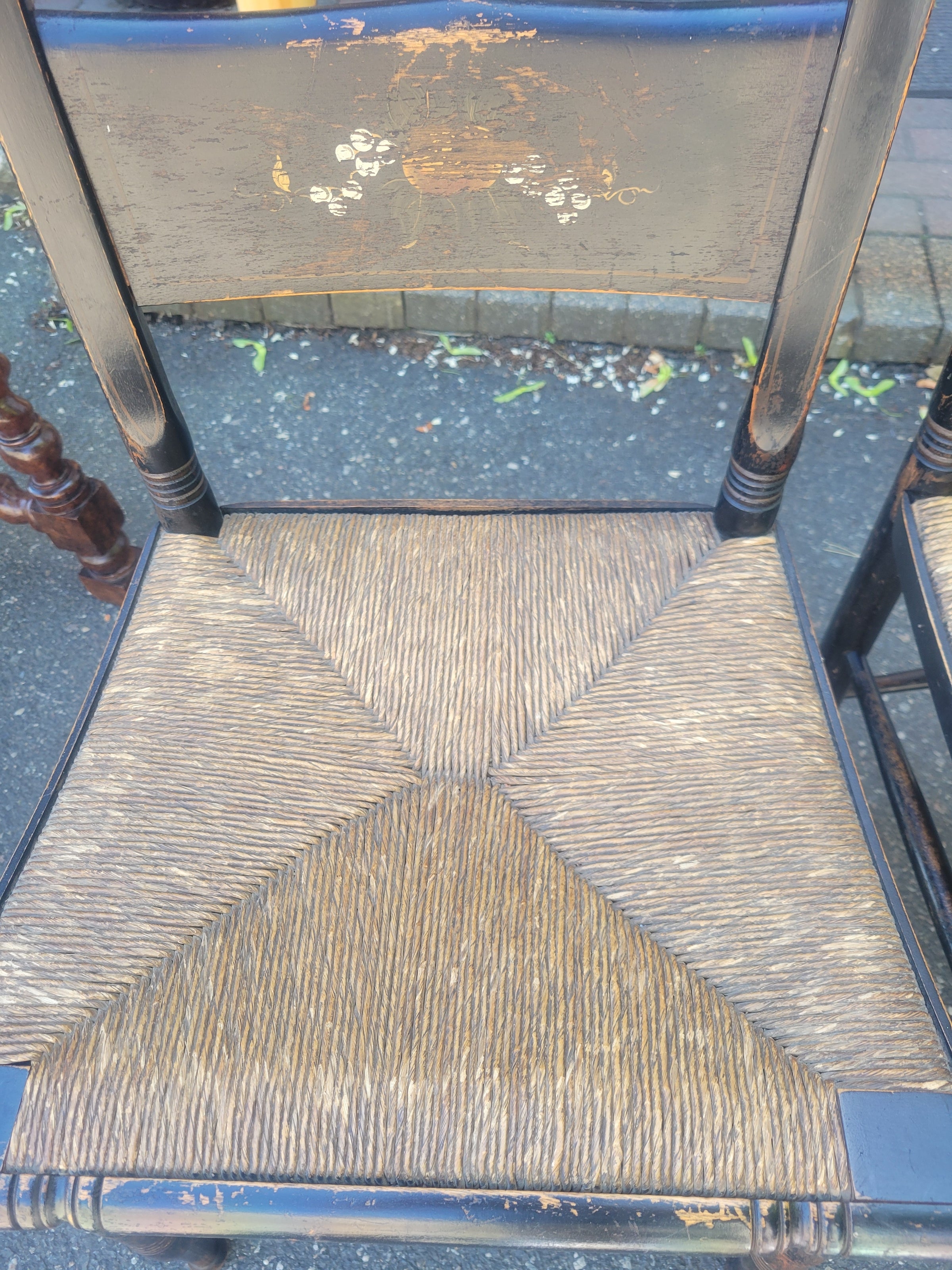 SET of 4 Antique Black Wood Hitchcock Chairs w/ Rush Seats (AS IS)