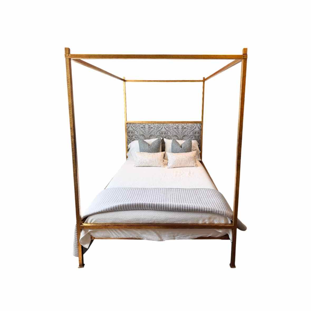 Custom Gold Metal Four-Poster Canopy Bed w/ Upholstered Headboard