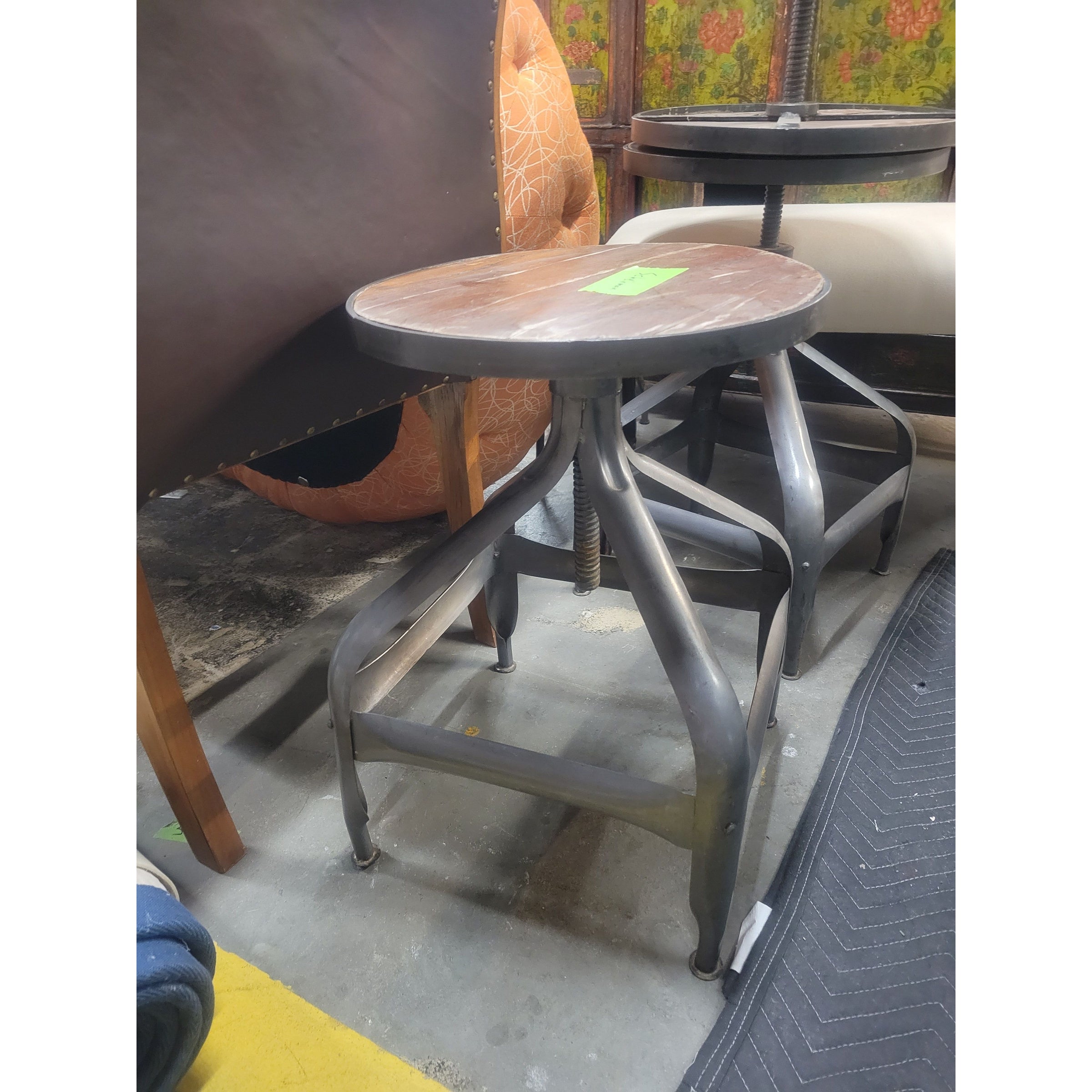 SET of 3 Vintage Round Wood & Iron Stools - AS IS
