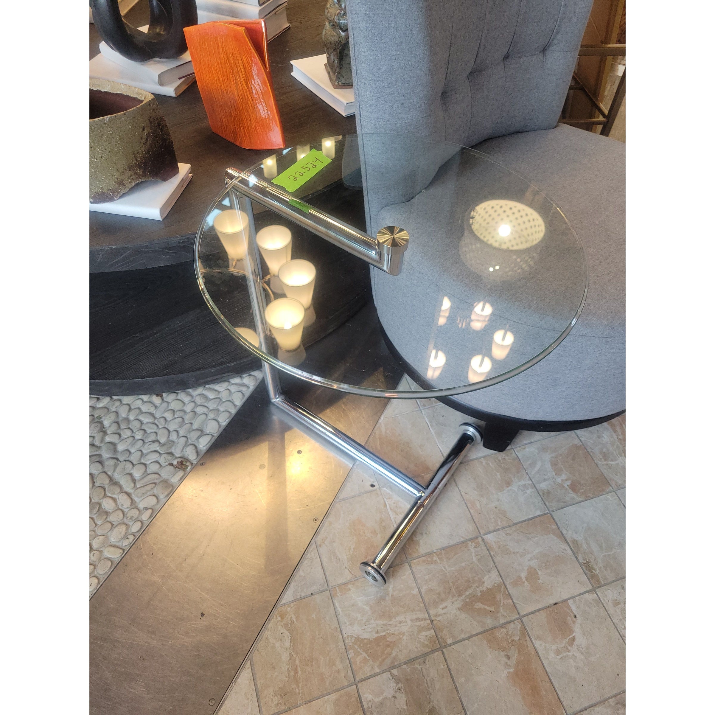 Round Chrome & Glass Side Tables on Wheels