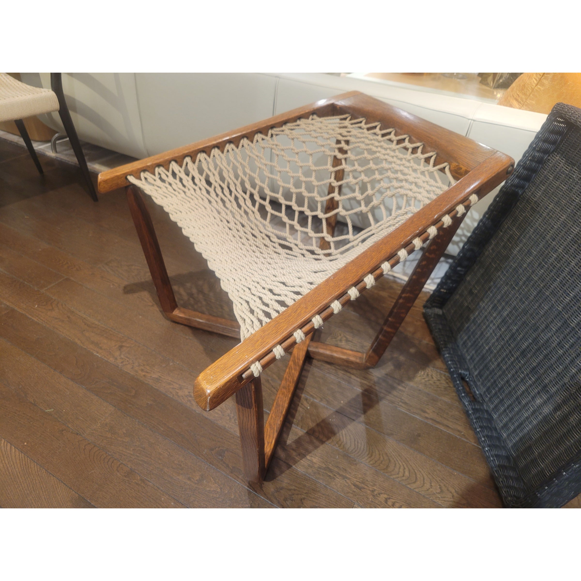 Vintage Swedish Oak & Rope Hammock Lounge Chair
