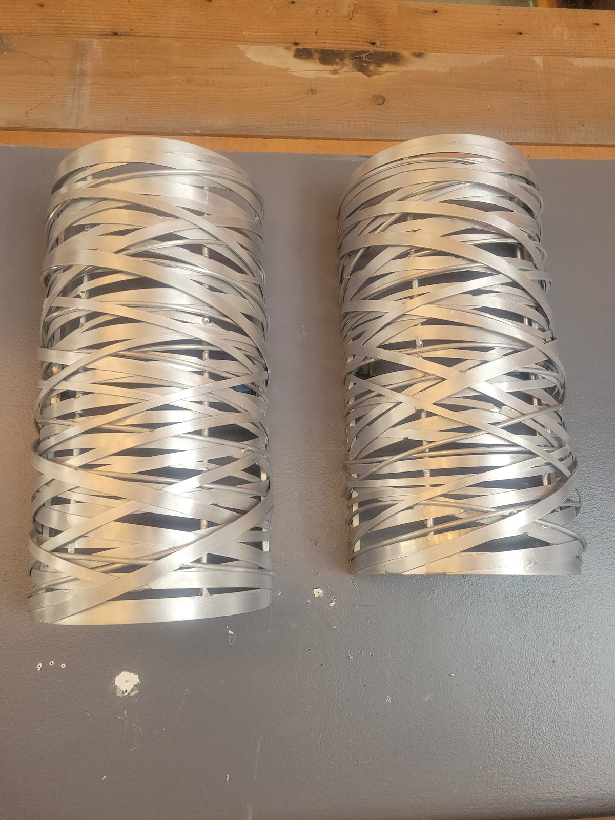 PAIR of Brushed Metal Cylinder Cage Wall Sculptures