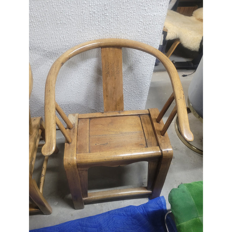 PAIR of Vintage Ming Style Wood Horseshoe Back Arm Chairs w/ Nature Medallions