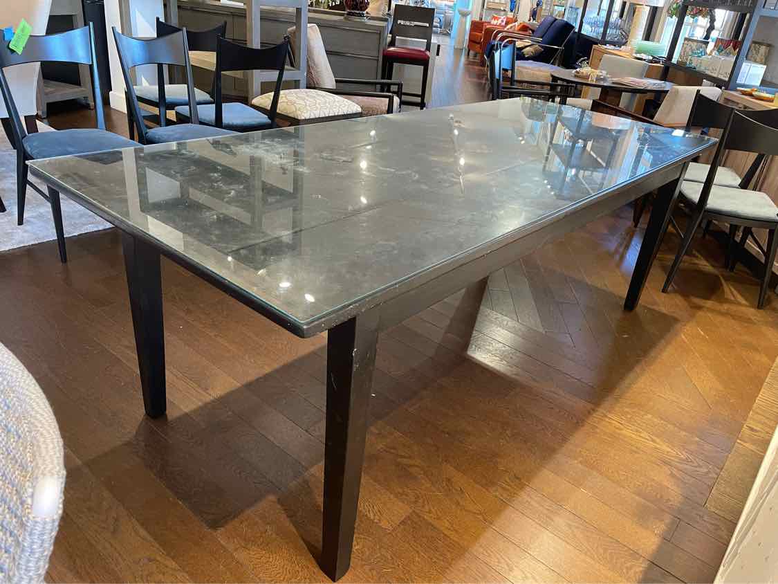 Antique Black Wood Slat Dining Table w/ Drawer & Glass Top