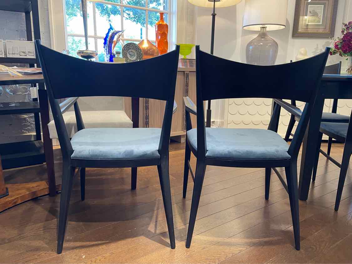 SET of 8 Black Wood Dining Chairs w/ Blue Velvet Seats by Paul McCobb