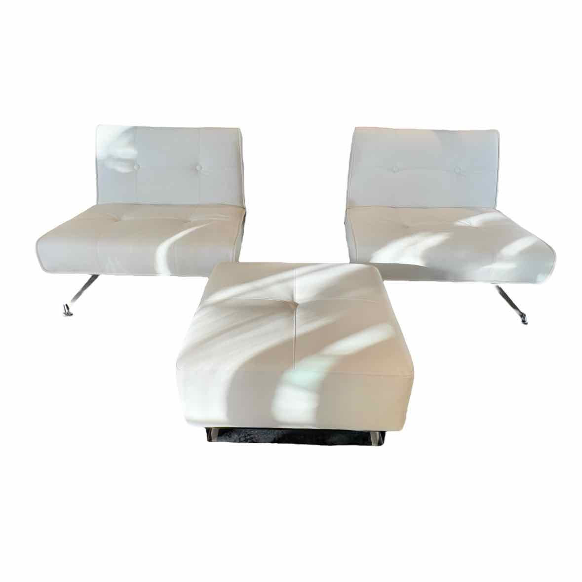 Pair of White Leather Clubber Chairs & Ottoman w/ Chrome Legs by Innovation