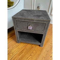 Gray Suede Square Side Table w/ Nailheads & Glass Top by Jonathan Adler
