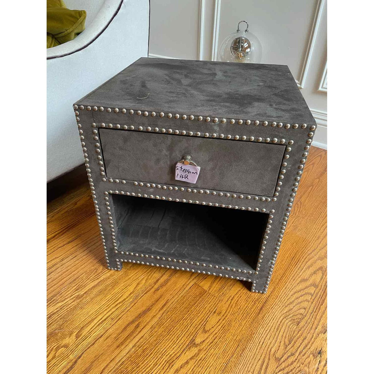 Gray Suede Square Side Table w/ Nailheads & Glass Top by Jonathan Adler
