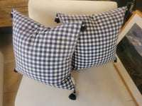 PAIR of Navy Gingham Pillows w/ Tassels & Down Inserts