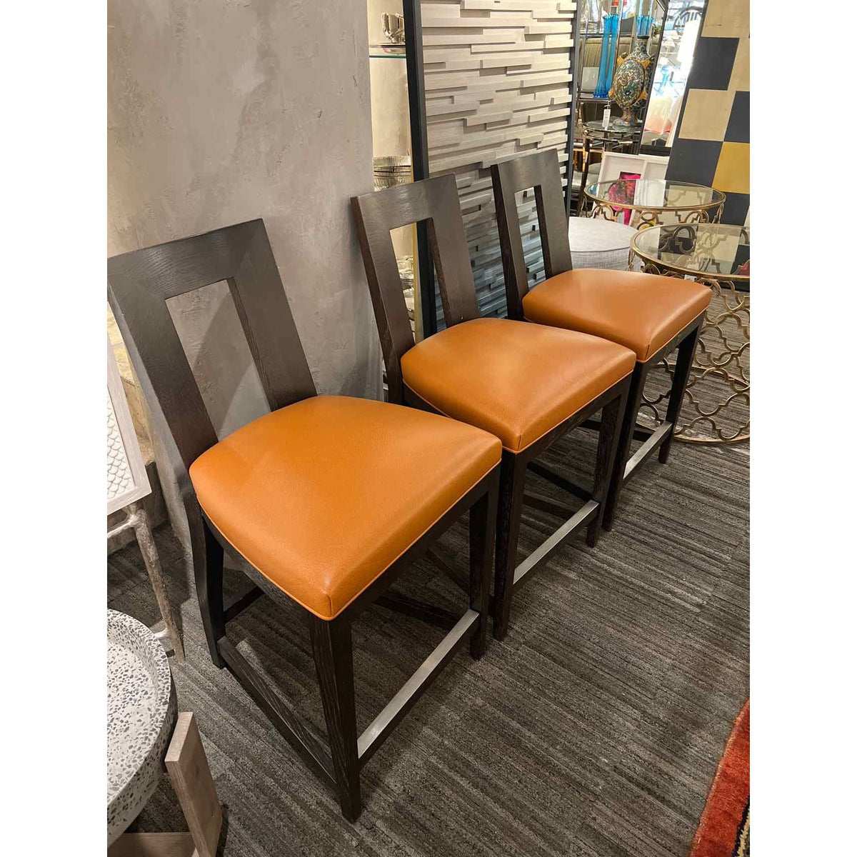 Donghia Set of 5 Orange Leather and Wood Bar Stools