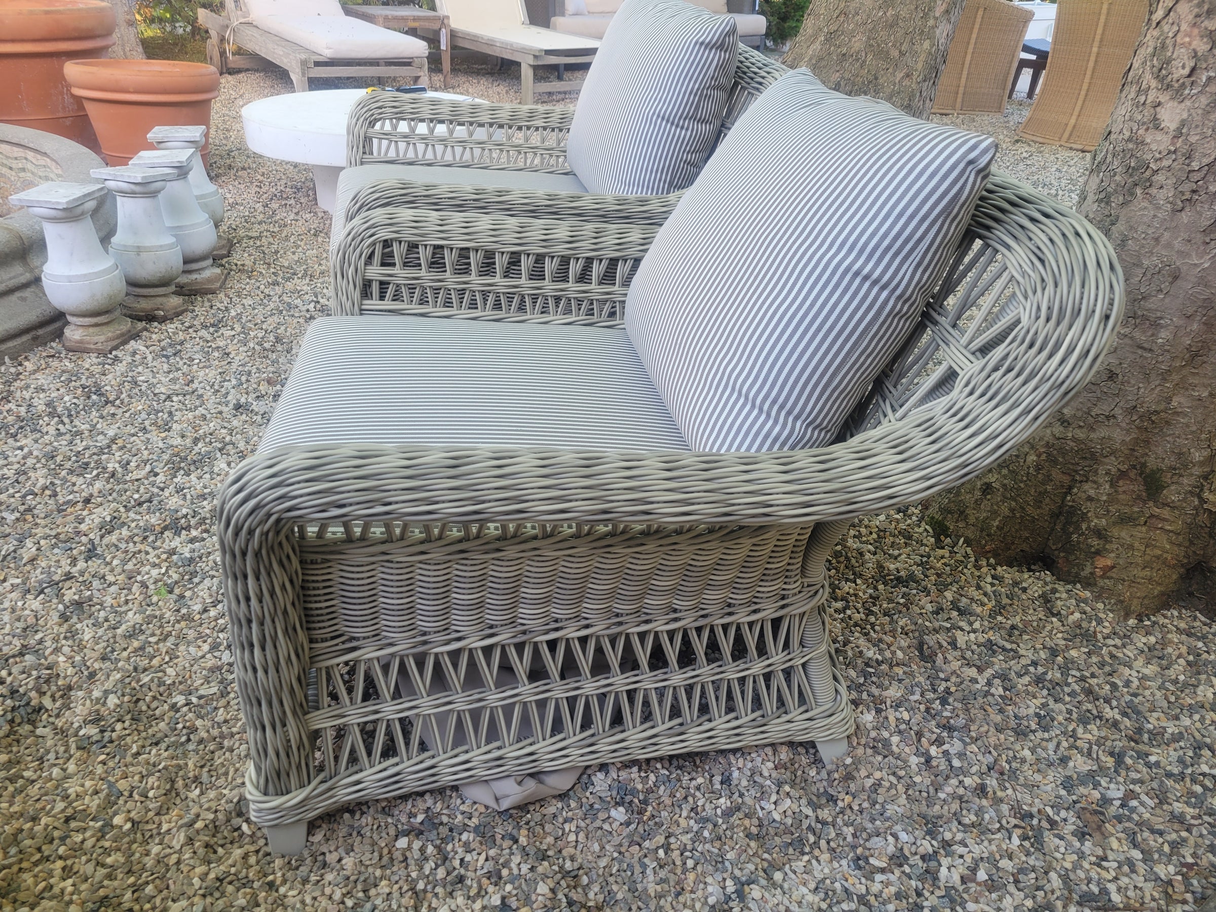 PAIR of Gray Wicker Arbor Lounge Chairs w/ Striped Cushions by Janus et Cie