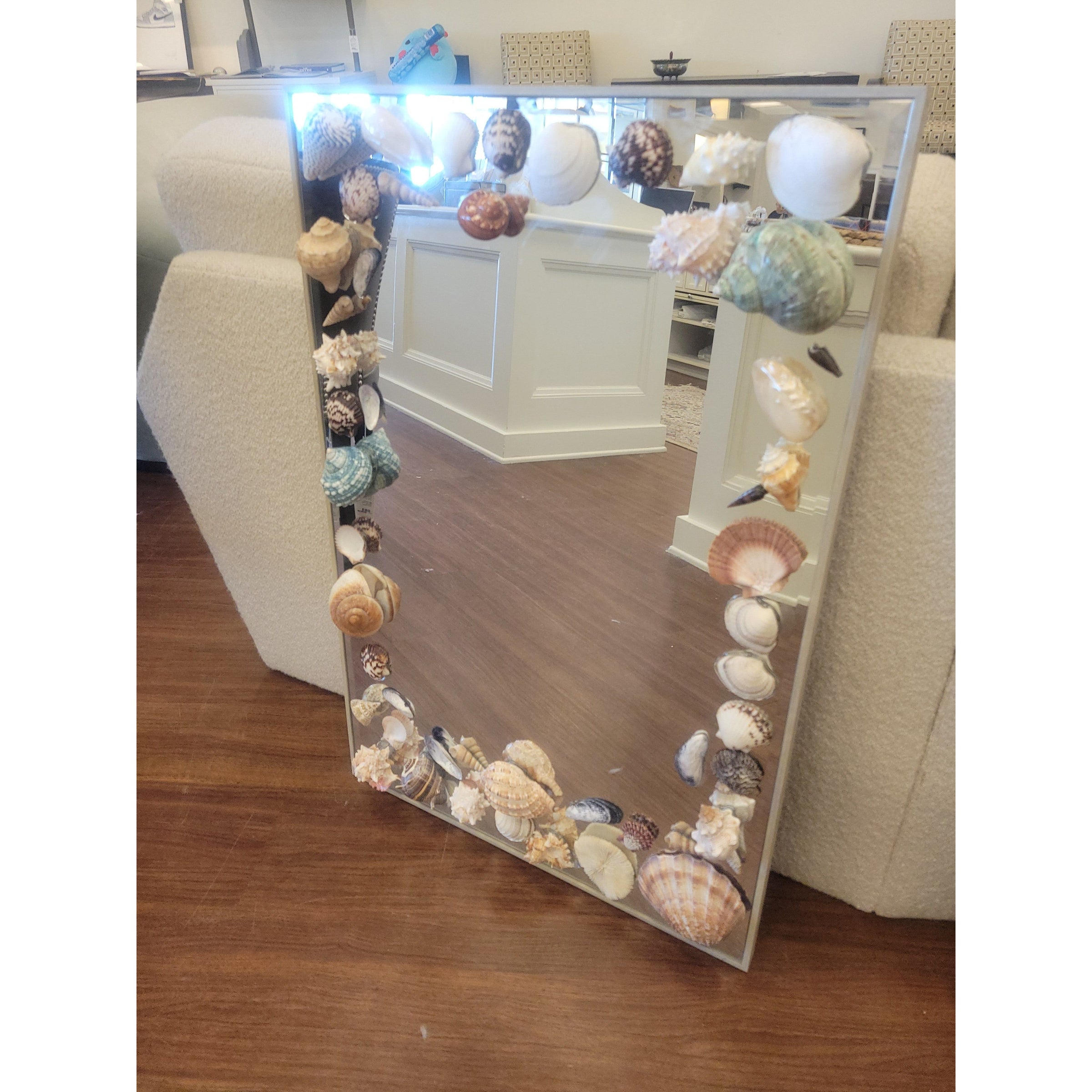 Gray Wood Mirror Adorned w/ Caribbean Shells