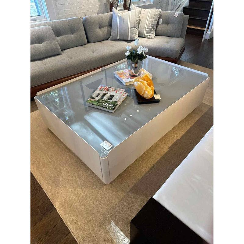 Gray Glass Top Coffee Table w/ White Painted Steel Base