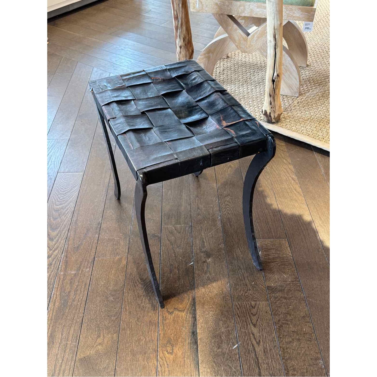 Mid-Century French Industrial Black Leather & Metal Bench - colletteconsignment.com
