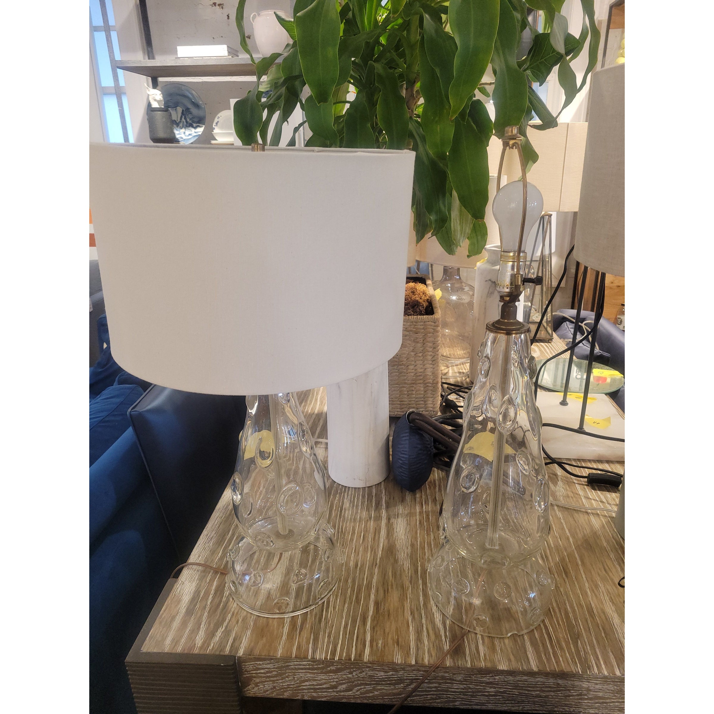 PAIR of Mid-Century Handblown Clear Art Glass Table Lamps w/ Shades