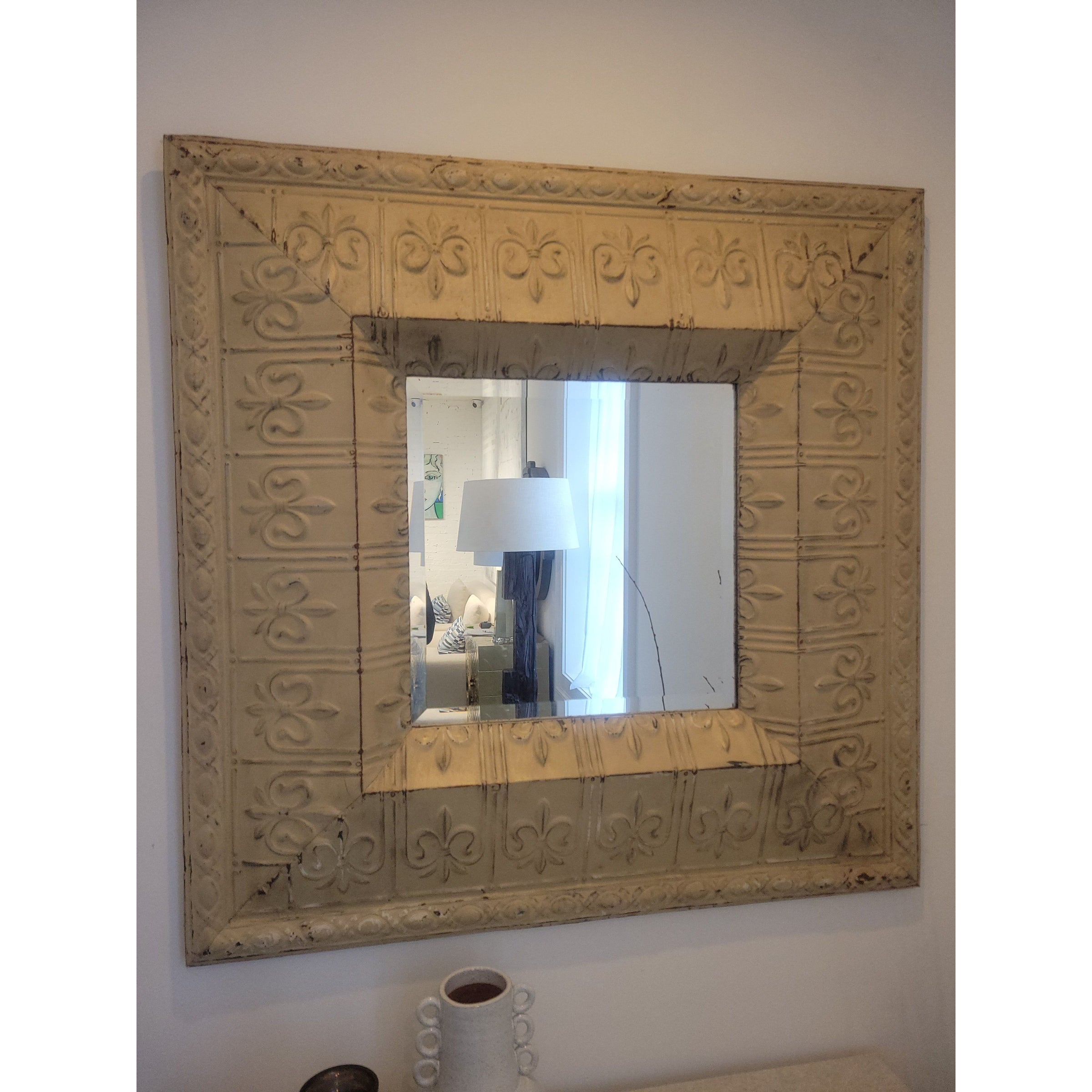 Large Tin Frame Mirror w/ Beveled Glass