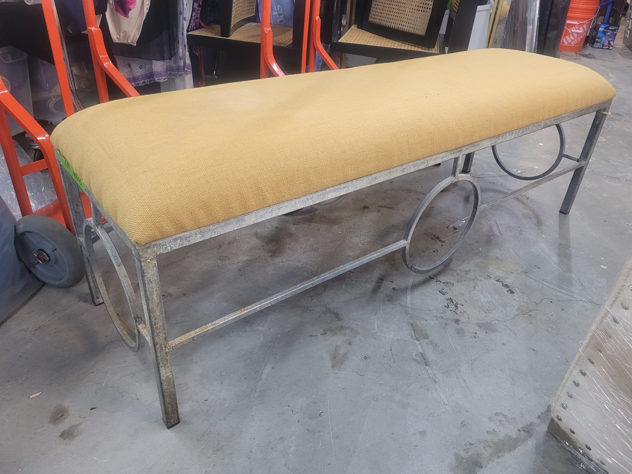 Custom Hessian Upholstered Metal Bench (AS IS)