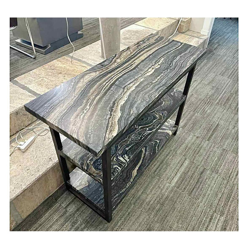 Custom Striated Marble Three-Tiered Console w/ Iron Frame