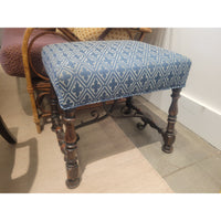 Antique Mahogany Ottoman w/ Blue Upholstered Seat & Iron Detail (AS IS)
