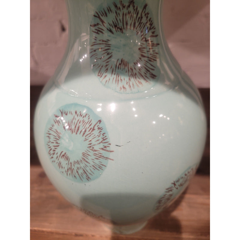 Mid-Century Wide Rim Brown Spotted Turquoise Ceramic Vase