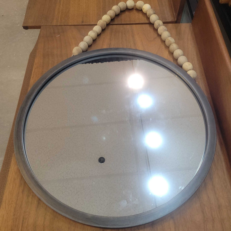 Round Hanging Metal Wall Mirror w/ Wood Beaded Rope