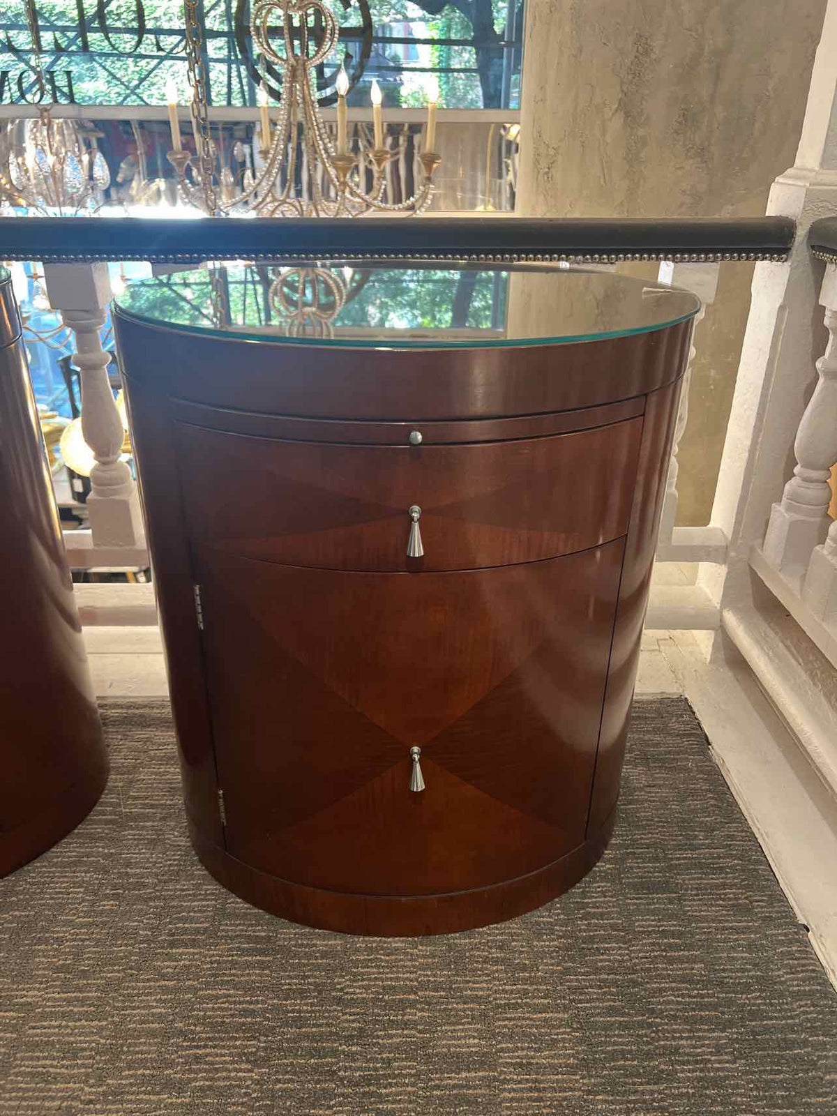 Pair of Barbara Barry Oval Nightstands w/Drawers & Glass Tops