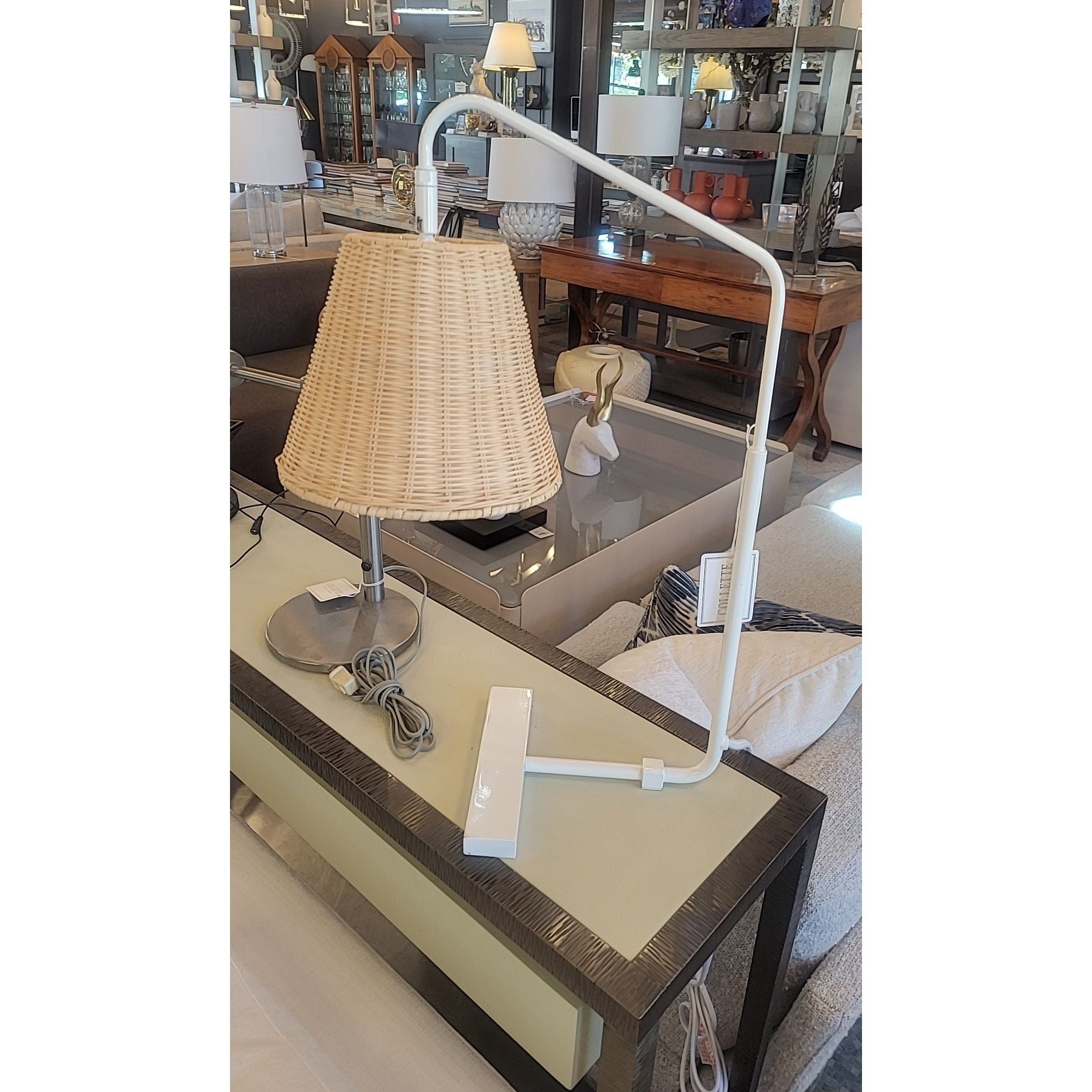 'Flynn' White Metal Table Lamp w/ Wicker Shade by S&L