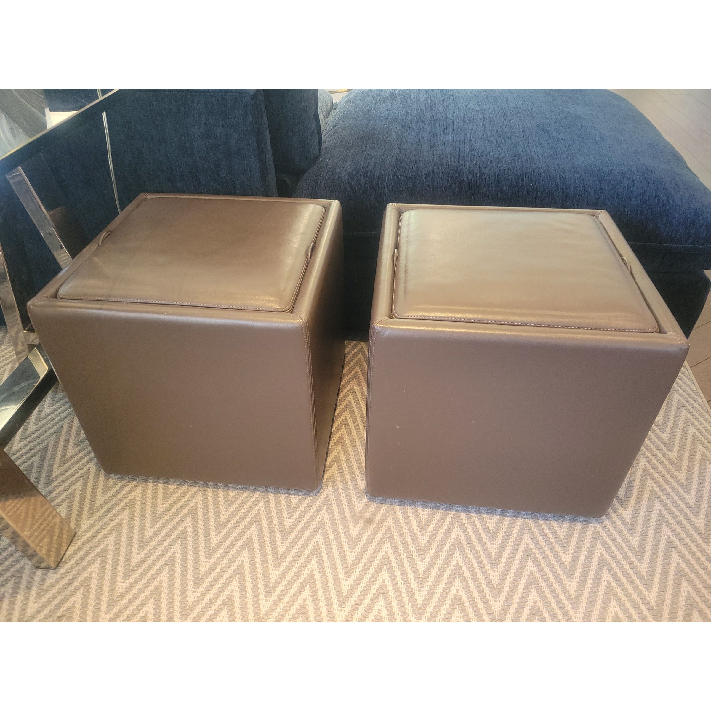 Brown Leather Storage Ottoman w/ Flip Top Wood Tray on Casters by DWR - colletteconsignment.com