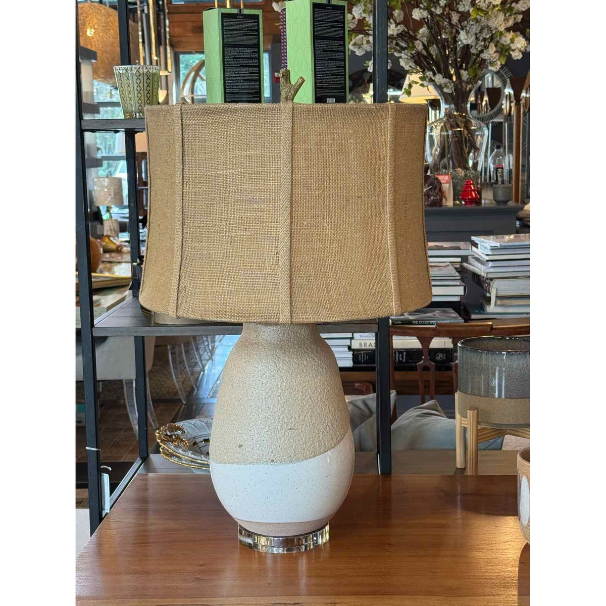 PAIR of Ceramic Table Lamps on Lucite Bases by Made Goods w/ Burlap Shades